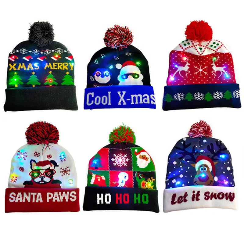 

Kids & Adult Christmas Hat with Led Lights Flashing Skullies Beanies Warm Knitted Winter Hat Men Women Children Hats and Caps