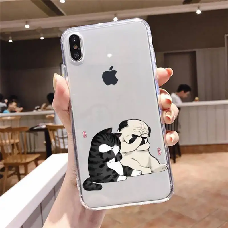 

Cute Cartoon Cat Dog Phone Case Transparent soft For iphone 5 5s 5c se 6 6s 7 8 11 12 plus mini x xs xr pro max