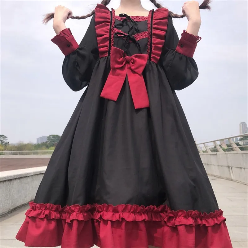 

Japanese Harajuku Lolita Midi Dress Women Kawaii Ruffle Bow Cosplay Sweet Dress Soft Girl Korean Bandage Bow Splice Lolita Dress