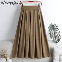 neophil women vintage corduroy pleated solid skirts chic 2022 spring autumn elastic vintage skirt thick basic longa saia s220102