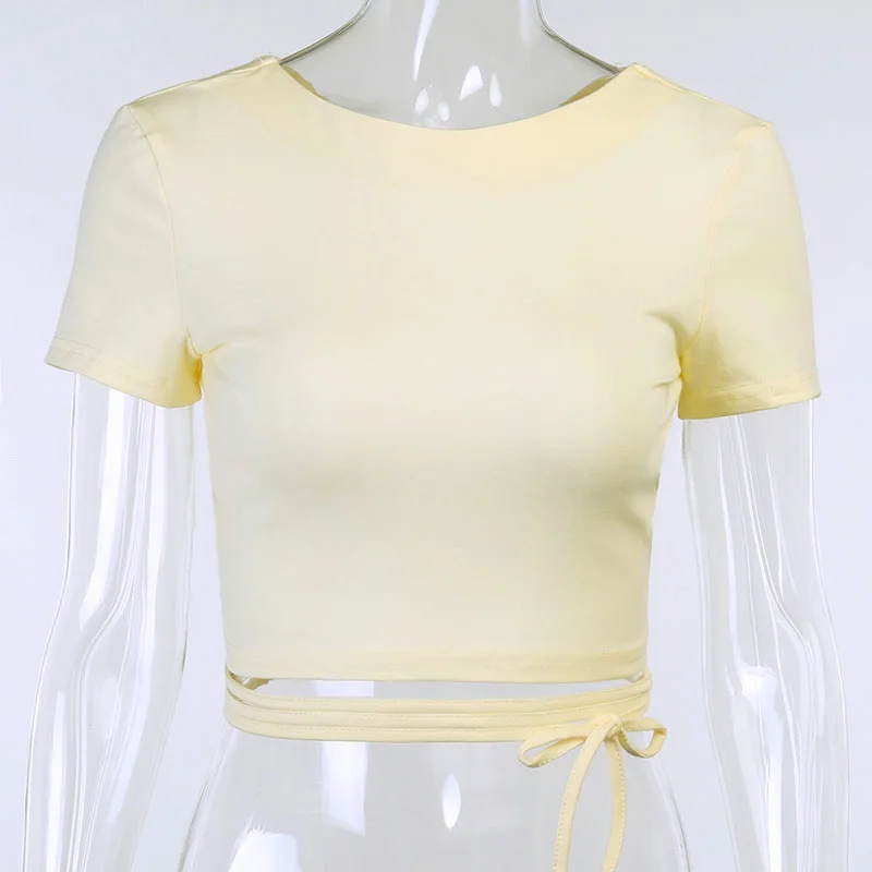 

2021 Cotton Lace Up Cross Women T Shirt Crop Top Short Sleeve Backless Bodycon Sexy Streetwear Club Party Clothes Elegant Tee