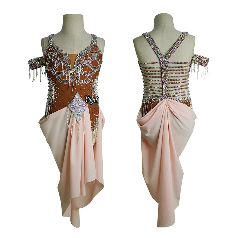 

2020 Latin Dance Dress Girls Customized Competition Clothes Professional Diamond Backless Dresses Cha Cha Rumba Samba Wear