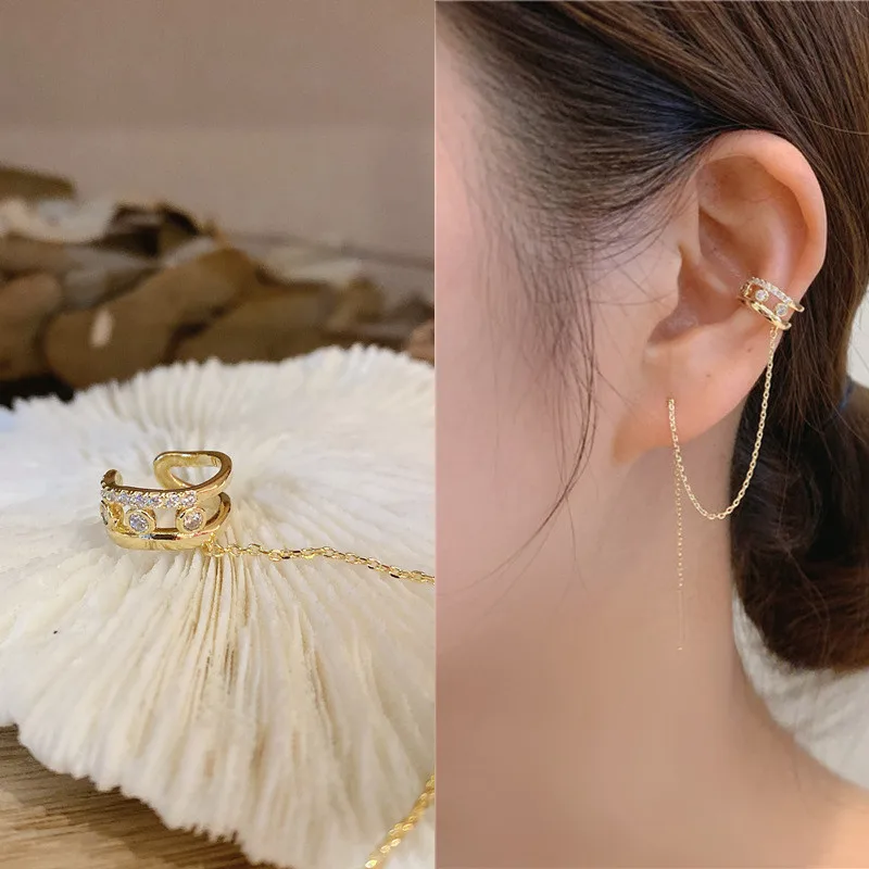 

Korean Fashion Link Chain Ear Cuff Piercing Clip on Earrings for Women 2022 Gold Silver Color Crystal Circle Earcuff Jewelry