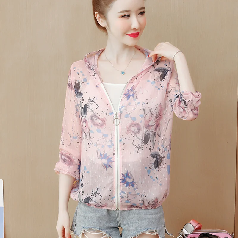 

Hooded Ice Silk Sun Protection Printed Women'S Clothes Spring Zipper Baseball Cardigan Jacket Windbreaker Parkas Coat 2021
