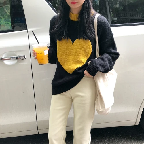 Повседневные свободные свитера с сердечками в духе колледжа модные женские