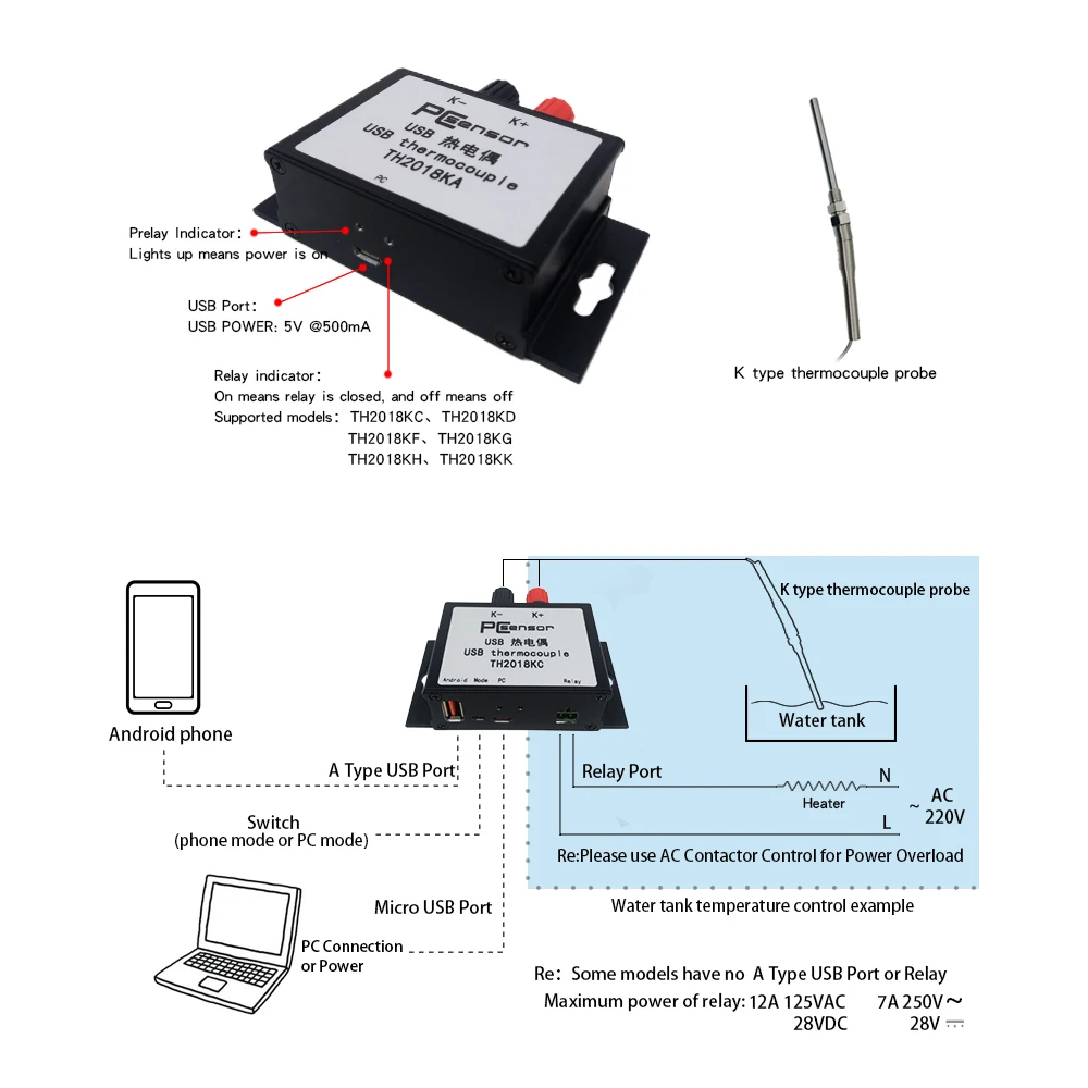 USB термопара TH2018KA с зондом K типа диапазона 0 ~ 1024 ℃ поддержкой оповещения по