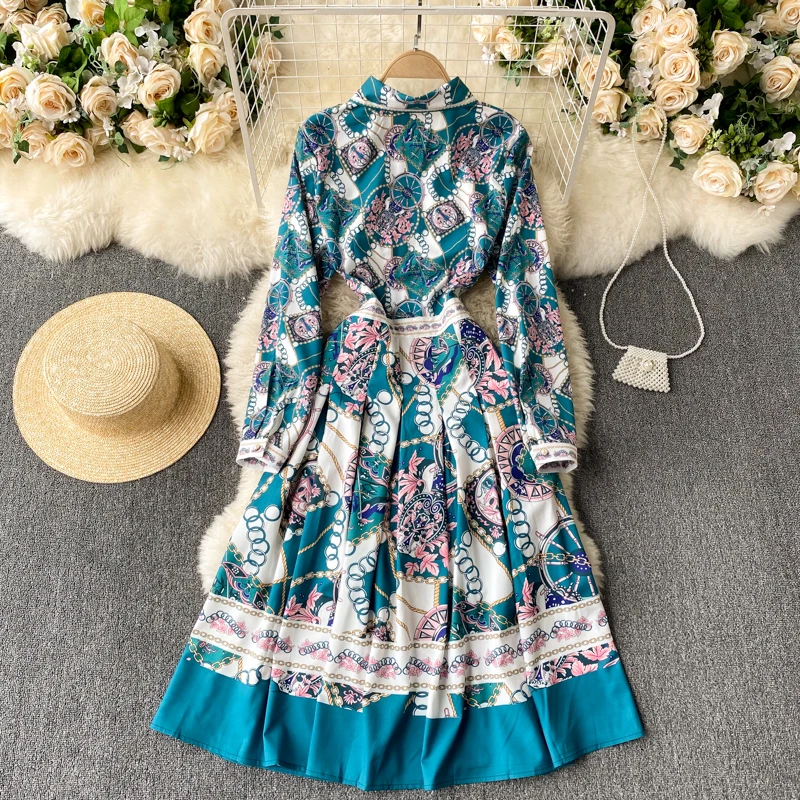 

Runway Fashion Retro Design Women Pleated Long Dress Royal Prints Turn-down Collar Exotic Holiday Dress TN1764