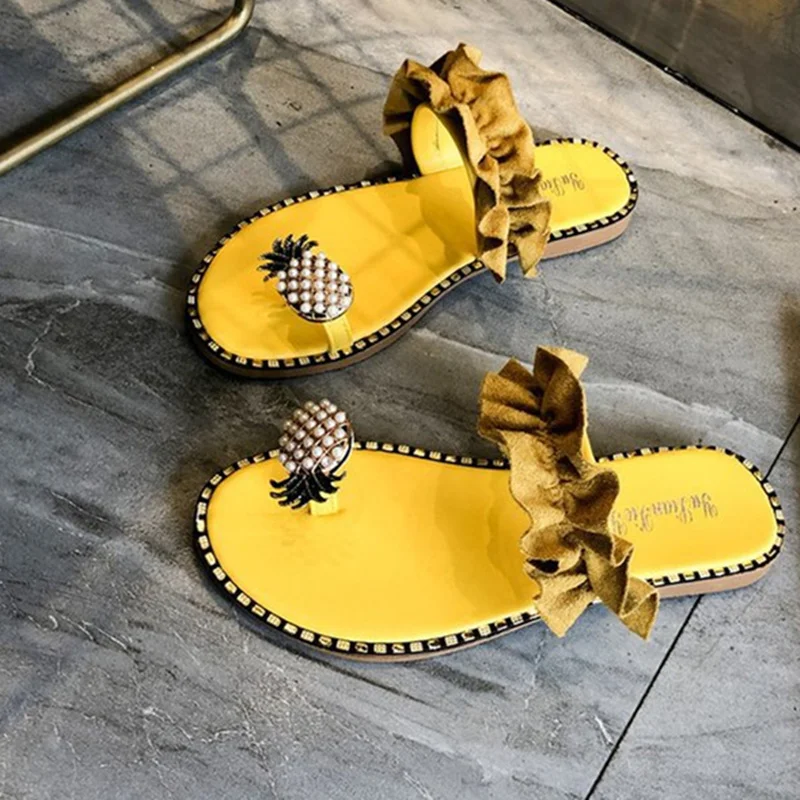 Сандалии женские с ананасовым жемчугом босоножки кольцом плоская подошва