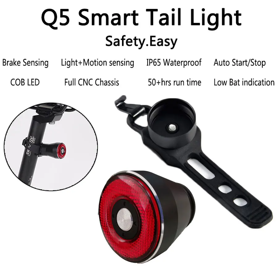 Q5 taillight Велоспорт Хвост светильник велосипеда вспышка светильник MTB велосипед задний светильник Авто старт/стоп-сигнал зондирования IPX6 Водонепроницаемый светодиодный зарядное устройство безопасности теплый - Цвет: Q5 taillight