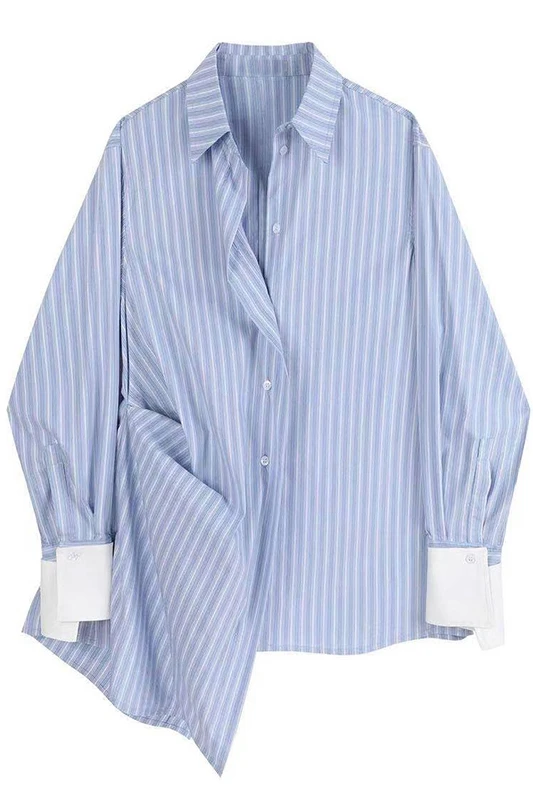 

Retro Shirt Women's Korean Fashion 2021 Spring Summer New Loose Striped Blouse Long Sleeve Irregular Large Size Blusas Tops