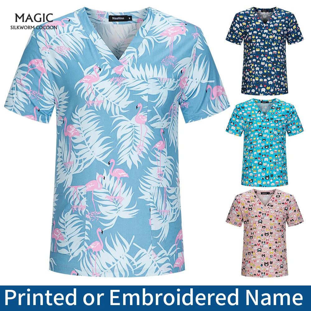 100%Cotton Beauty Salon Uniform Nursing Print Scrub Top High Quality V-Neck Scrub Top Pet Clinic Work Tops Pharmacy Work Clothes
