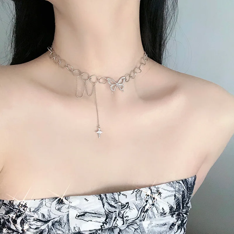 

Vintage Natural Butterfly Stars Necklaces for Women Gold Color Link Chain Asymmetric Toggle Clasp Circle Choker Necklace