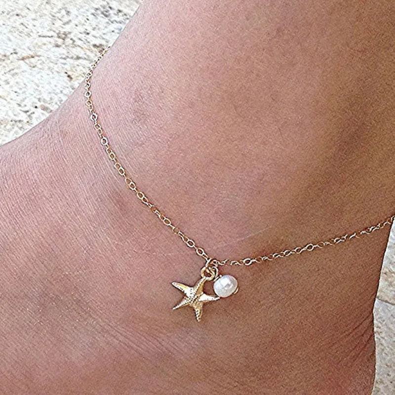 2020 designer original foreign trade fashion anklet bohemian style simple starfish freshwater pearl beach foot jewelry