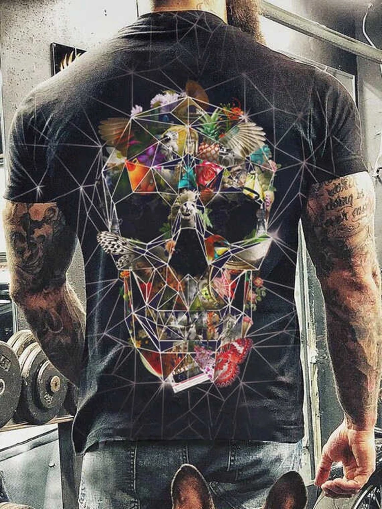 

2021 summer skull print men's T-shirt casual short-sleeved clothes streetwear oversized hip-hop 3D printed O-neck
