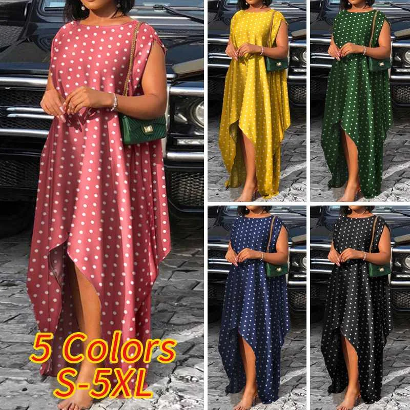 

Dress Women 2021 VONDA Women Vintage Polka Dot Printed Asymmetric Dress Summer Beach Vestidos Robe Femme Irregular Sundress