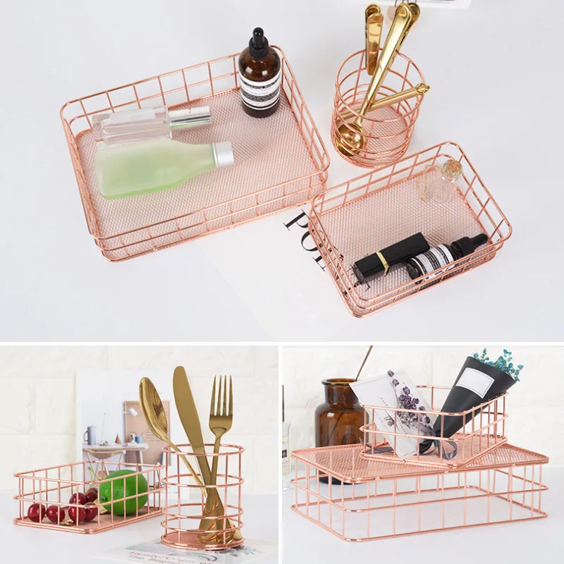 

Металлическая корзина для хранения в простом стиле, стойка для хранения из розового золота, органайзер для канцелярских принадлежностей, а...