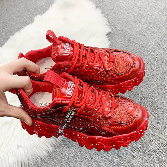 Spring Women's Chunky Sneakers Fashion Women Platform Shoes Bling Sequined Lace-Up Vulcanize Shoes Female Trainers Dad Shoes 6