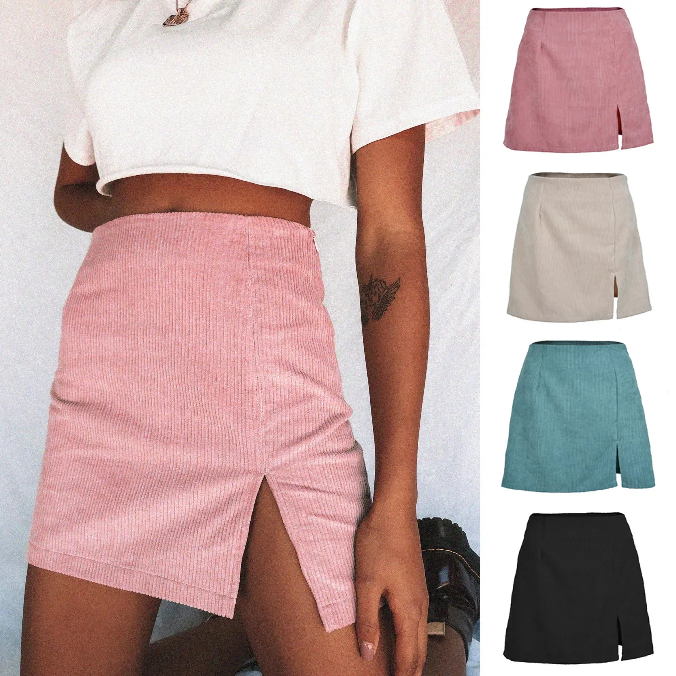 

High Waist Corduroy Skirt 2021 Fall/Winter INS Net Red Women's Pure Color A-line Mini Skirt On Sale Also Free Shipping