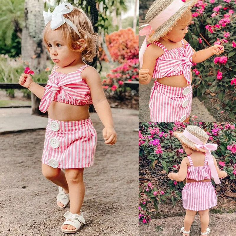 2pcs Kid Toddler Baby Girl Stripes Sleeveless Sling Crop Top Cute Big Button Mini Skirt New Fashion Set Outfit Party Clothes | Детская