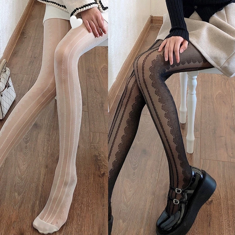 

Japanese Style Women Lolita Sheer Pantyhose Harajuku Floral Striped Patterned Lace Tights Summer Ultra-Thin Stockings
