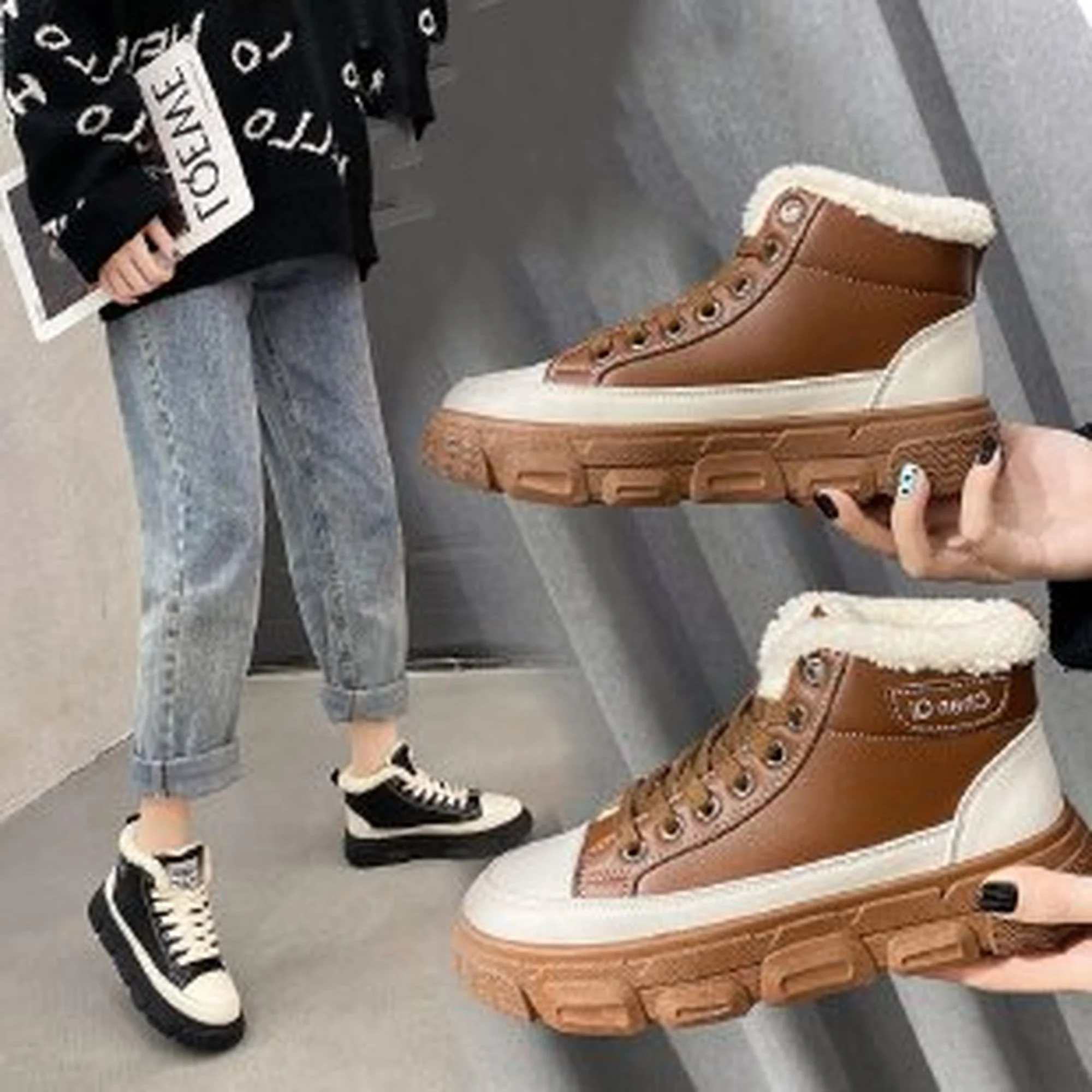 

Winter Woman Casual Shoes Girl Platform Concise Lace-Up Shallow Round Toe Thick Bottom Plush Warm Shoes Zapatillas De Mujer