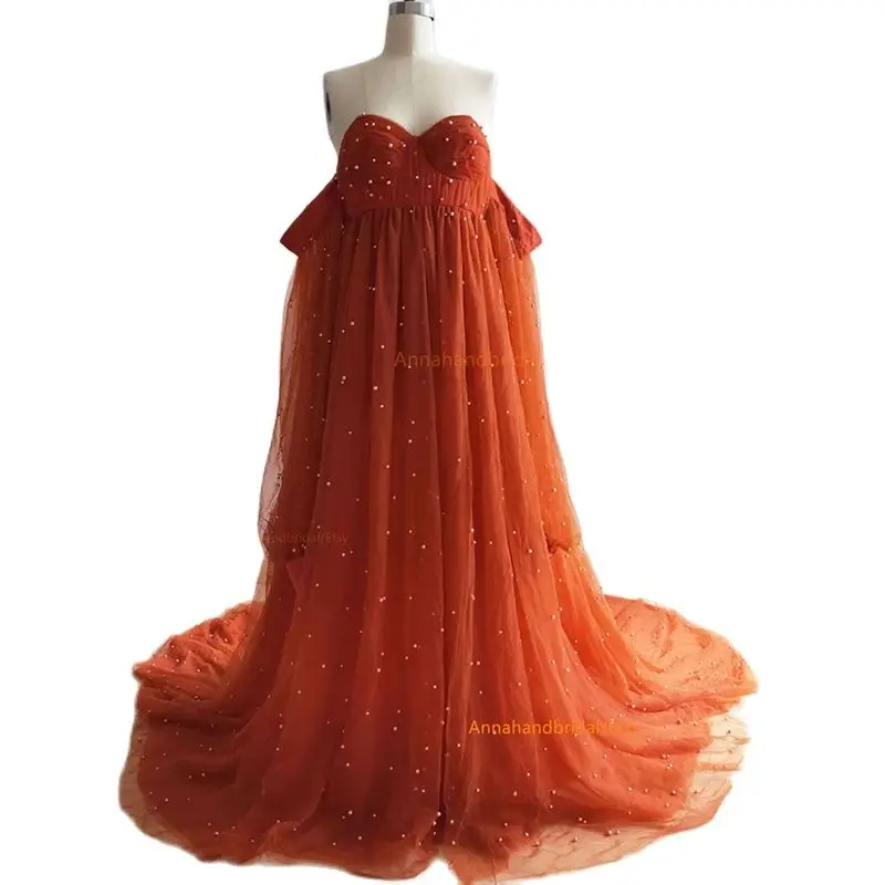 

Orange Maternity Dresses with Pearls Long Sleeve Maternity Gown for Photoshoot Boudoir Lingerie Bathrobe Nightwear Baby Shower