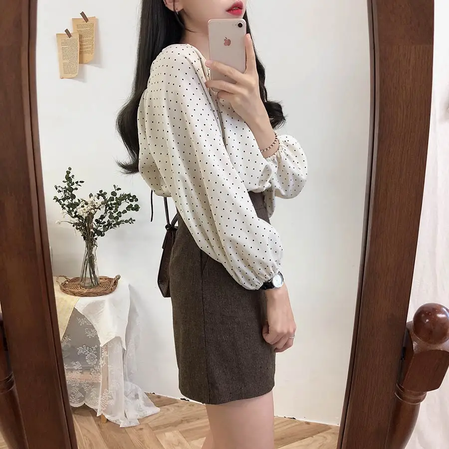 S XL, Новая Винтажная рубашка в горошек, женские топы, женские блузки с длинными рукавами для девочек, большие размеры, осенние женские блузки, femme Blusas