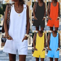 2021 summer fashion womens solid color new fresh cotton and linen strap button pocket jumpsuit