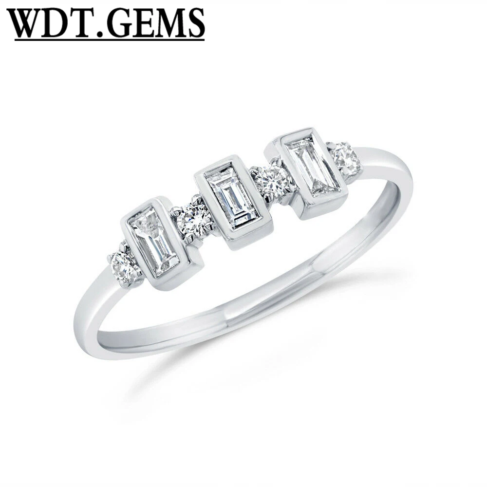 

0.27CT 10K White Gold Bezel Set Baguette Cut Round Real Diamond Statement Ring