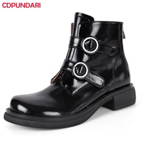 ladies black genuine leather low heels platform ankle boots for women autumn winter belt buckle punk short boots casual shoes