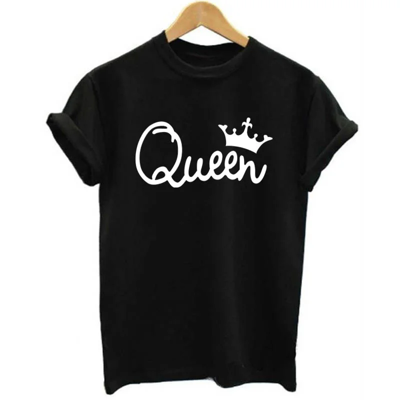 

King Queen Letter Crown Print Couple T Shirt Short Sleeve O Neck Loose Lovers Tshirt Summer Women Man Tee Shirt Tops Clothes
