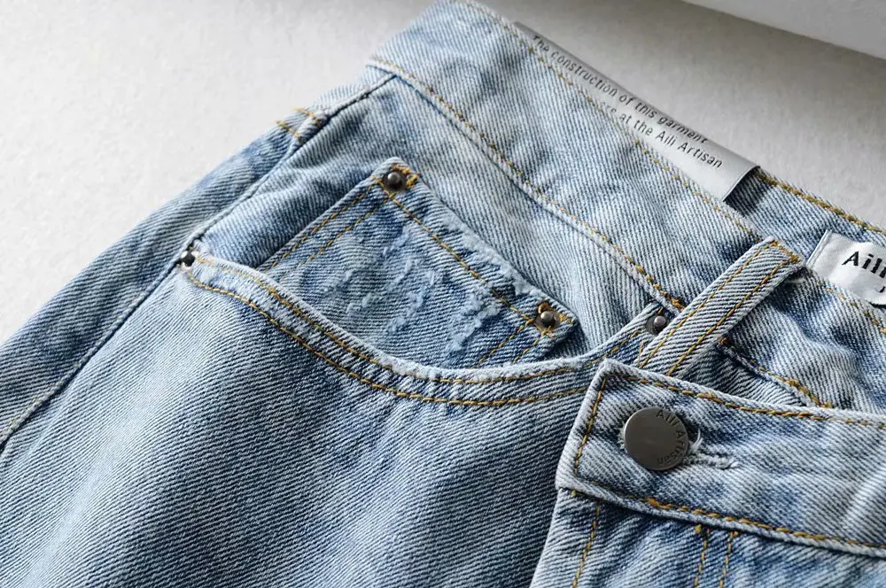 Женские прямые свободные хлопковые длинные светло-синие джинсы с завышенной талией
