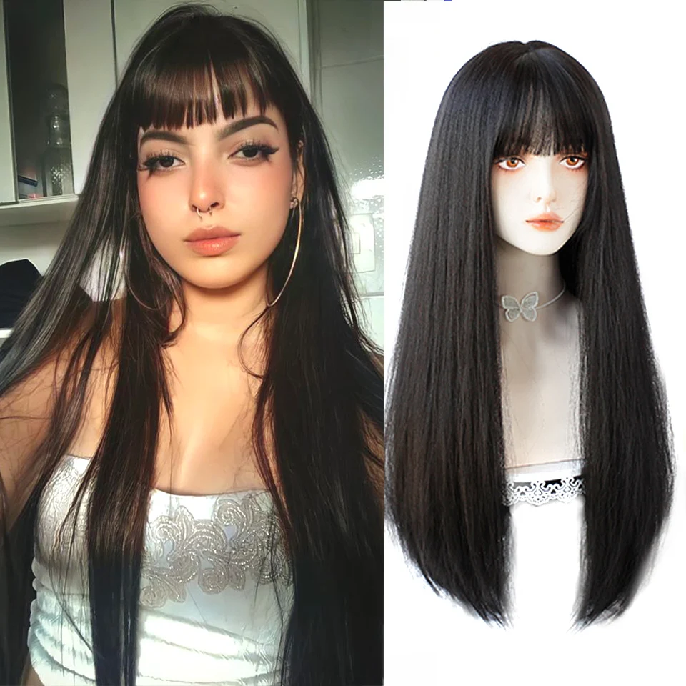 HOUYAN Black Long Straight Hair Synthetic Wig Female Black Anime Bangs Party Wig Cosplay Lolita Wig