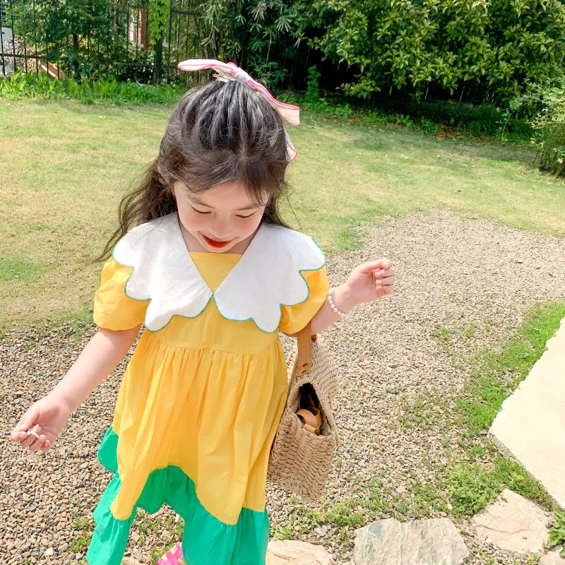 

Новое поступление, летнее платье принцессы в Корейском стиле для девочек, Милый воротник с короткими рукавами, подходящие цвета для маленьк...