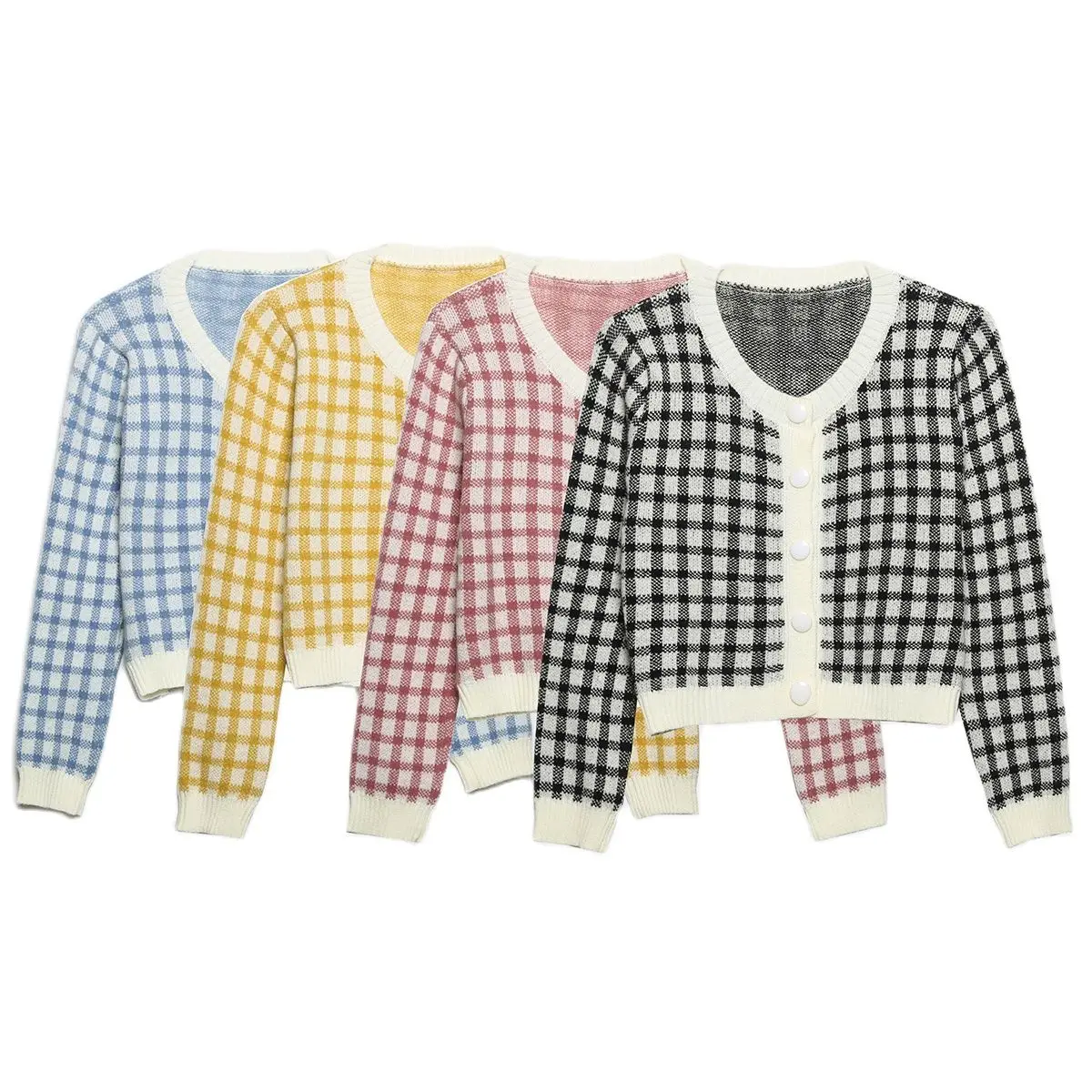 

KRSB Spring Autumn Women's Four-Color Round Neck Single-Breasted Long-Sleeved Sweater Cardigan Plaid Sleeve Sweater Coat Casual
