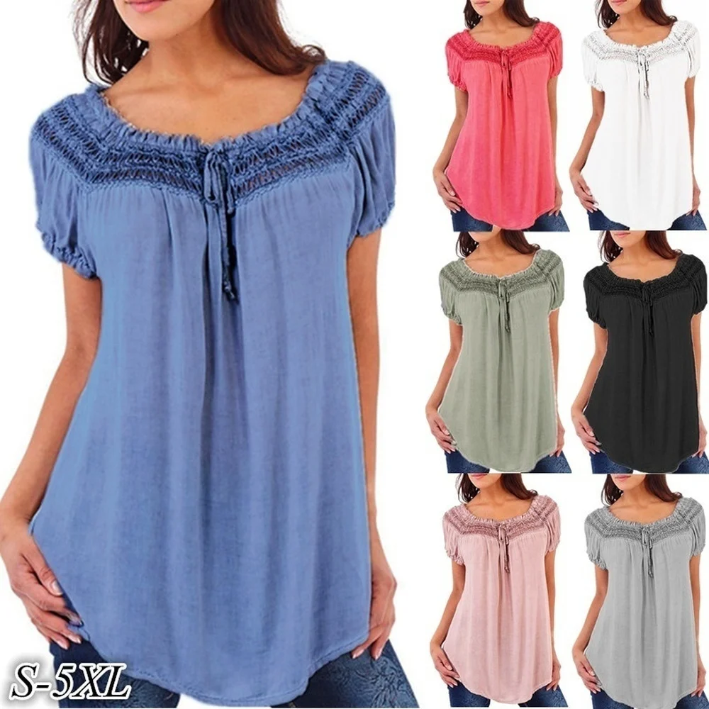 

Women's Fashion Blouses Shirts Plus Size Loose V-neck Lace Patchwork Short Sleeve Blouse Tops Tees 7 Colors Lady Chiffon Shirts