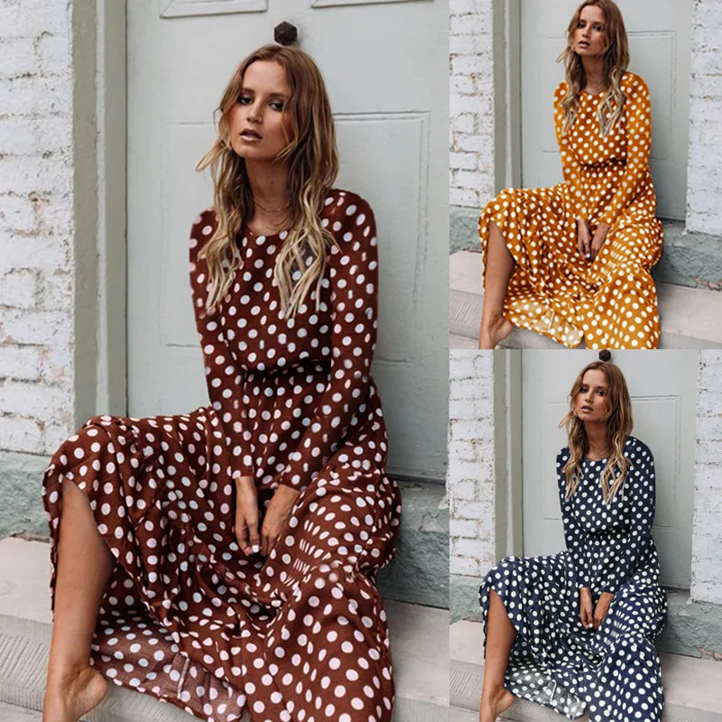 Best selling style autumn and winter 2020 fashion print Polka Dot round neck long sleeve women's dress 101290 | Женская одежда