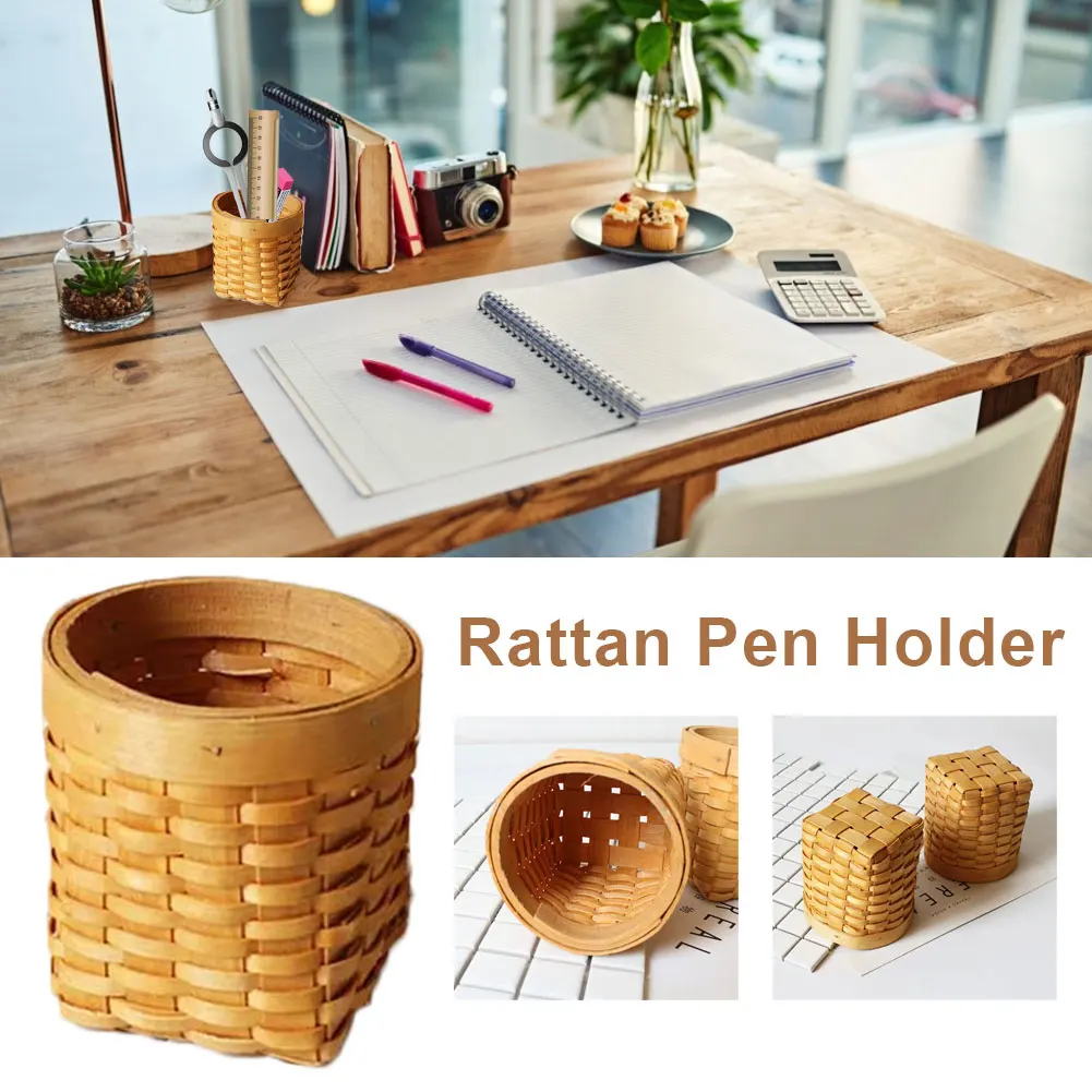

Pen Holder Hand-Woven Wood Pen Pencil Storage Box Desk Pen Cup Organizer for Small Objects