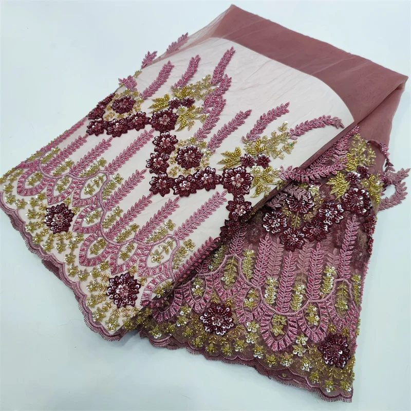 

2022 African High Quality Beads 5 Yards Fabric Nigerian Handmade 3D Flower Tulle Lace Noble And Elegant Silk For Woman Dress