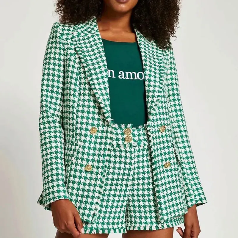 

Nlzgmsj Za Women 2021 Green Houndstooth Blazers Autumn Notched Collar Double Breasted Woman Jackets Female Checked Coat 202107