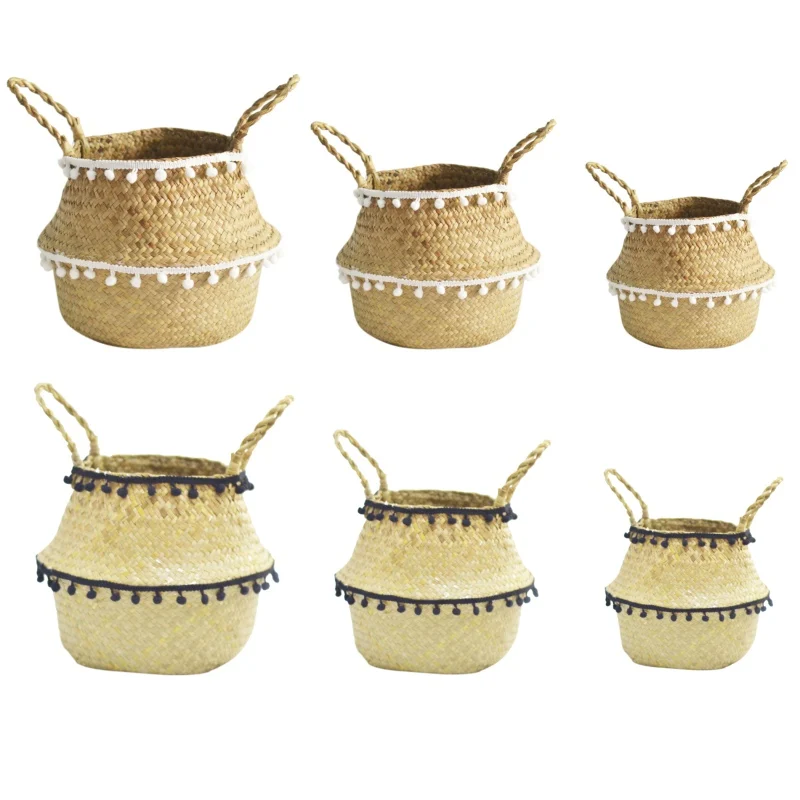 Handmade Bamboo Storage Baskets Nordic Foldable Laundry Straw Wicker Rattan Seagrass Belly Garden Flower Pot Planter Basket