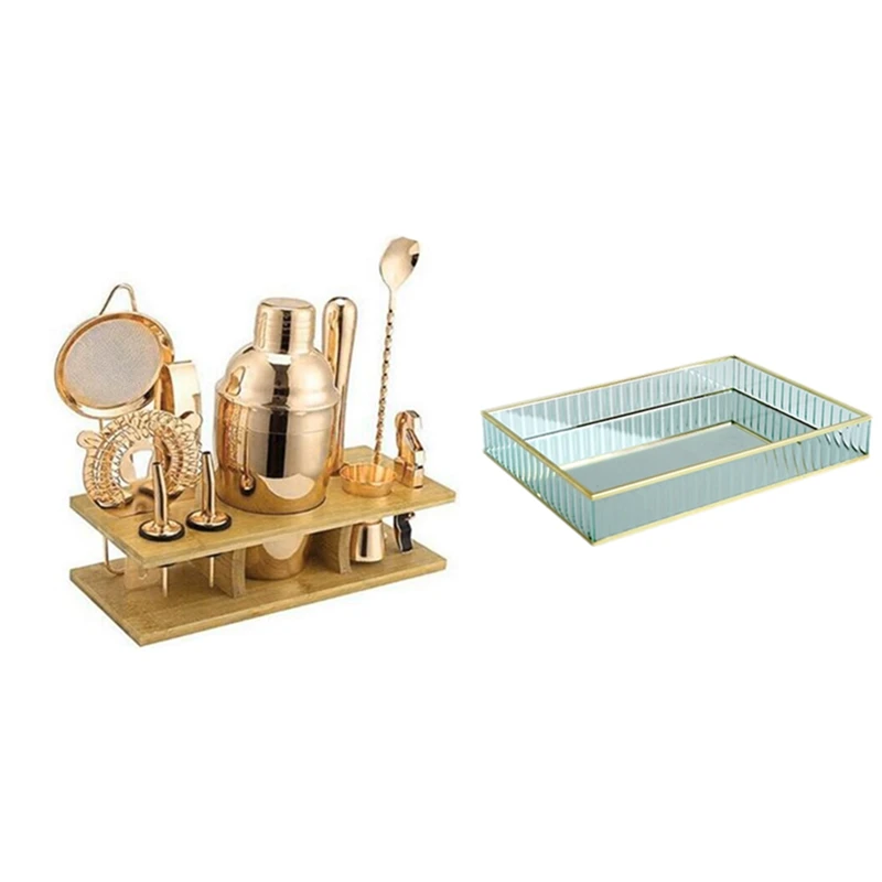 

Gold Edge Red Wine Plate Decorating Storage Tray With 11Pcs Bartender Kit And Bamboo Stand Martini Cocktail Shaker Set
