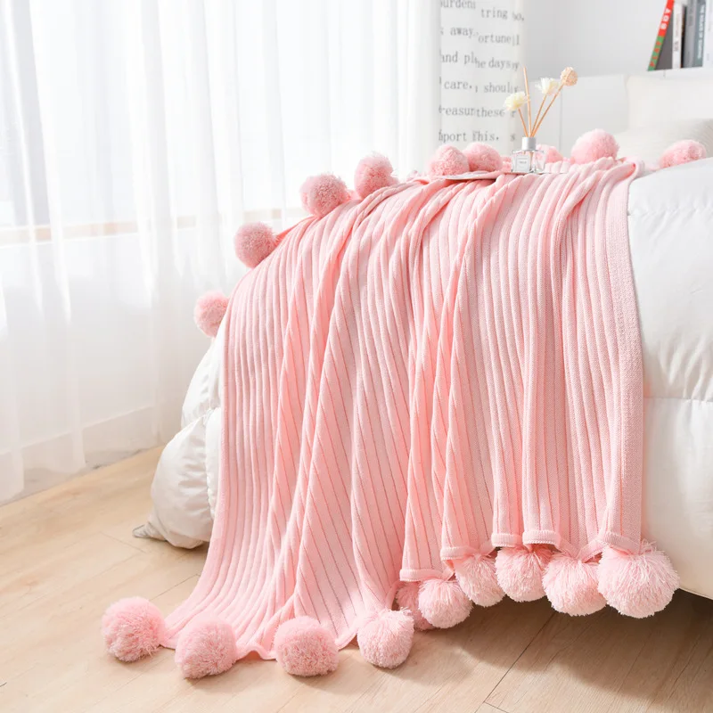 

Thread Blanket With Balls Solid Color Pink Grey White Throw Blanket for Bed Sofa Home Textile Fashion Cape Knitted Cover Blanket