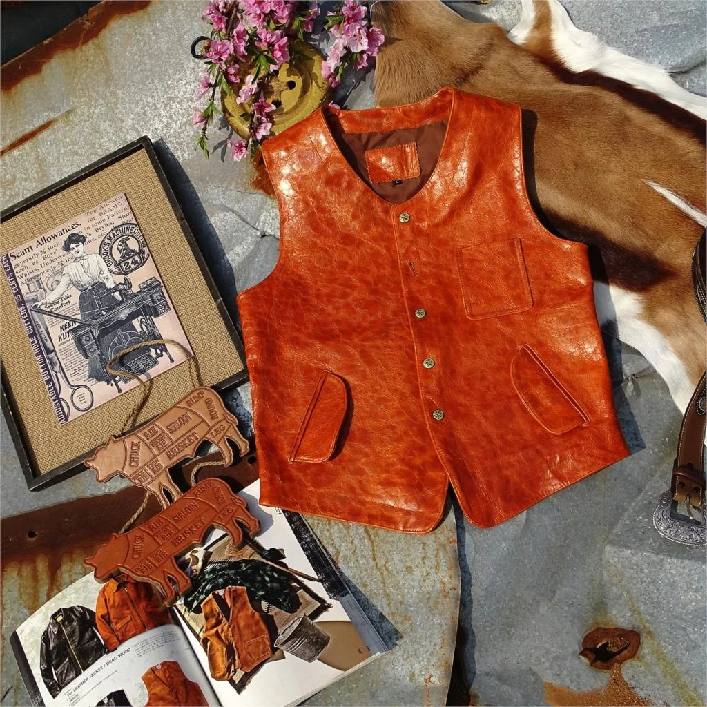 

Японский кожаный жилет с зернистой отделкой из стекла для мужчин