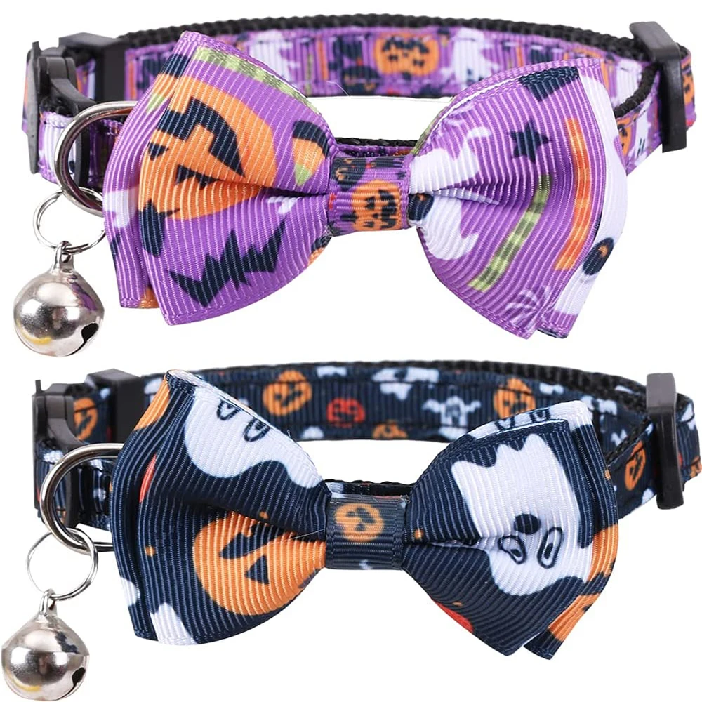 

Halloween Cat Collar Breakaway with Bell and Bow Tie Adjustable Ghost Pumpkin Patterns New Nylon Safety Kitten Collar Party