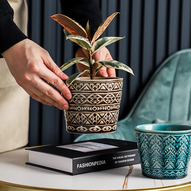 

Креативный рельефный керамический цветочный горшок с геометрическим рисунком в скандинавском стиле Ins, горшок для суккулентов, зеленых рас...