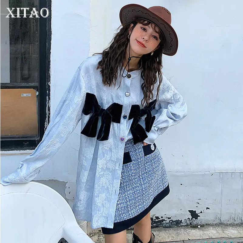 

XITAO, осенняя Милая рубашка, новинка 2021, длинный рукав, воротник-стойка, Украшение бантом, Корейская универсальная Повседневная модная женска...