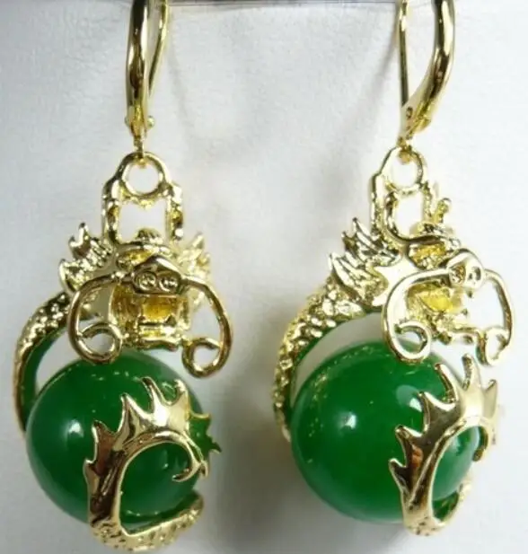 

Fancy 12mm green jade dragon fine gem earrings