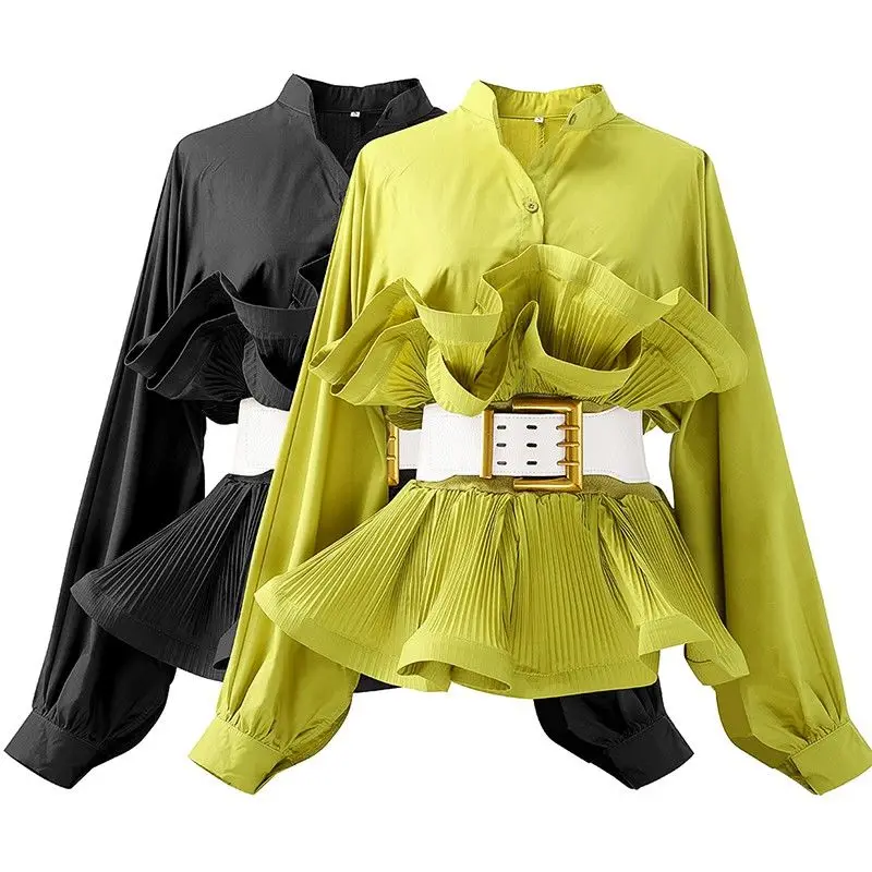 

Женская дизайнерская однобортная блузка, элегантная рубашка в стиле High Street с оборками на талии и длинным рукавом, весна-осень 2021