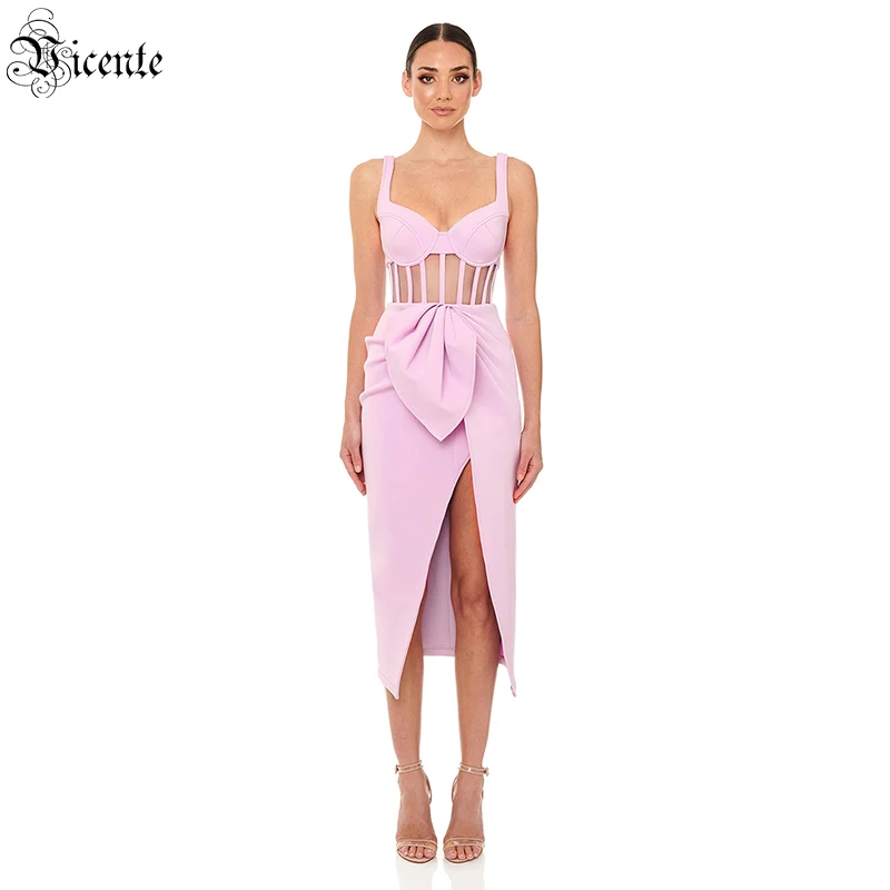 

VC Women's Dress Celebrity Party Cocktail Dress Frill Design Mesh Stitching Open Back Pink Bandage Mid-length Dress